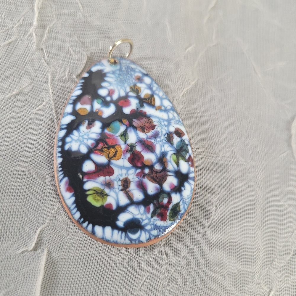 Enamel Over Copper Pendant Blue Abstract Teardrop Artistic Charm Jewelry